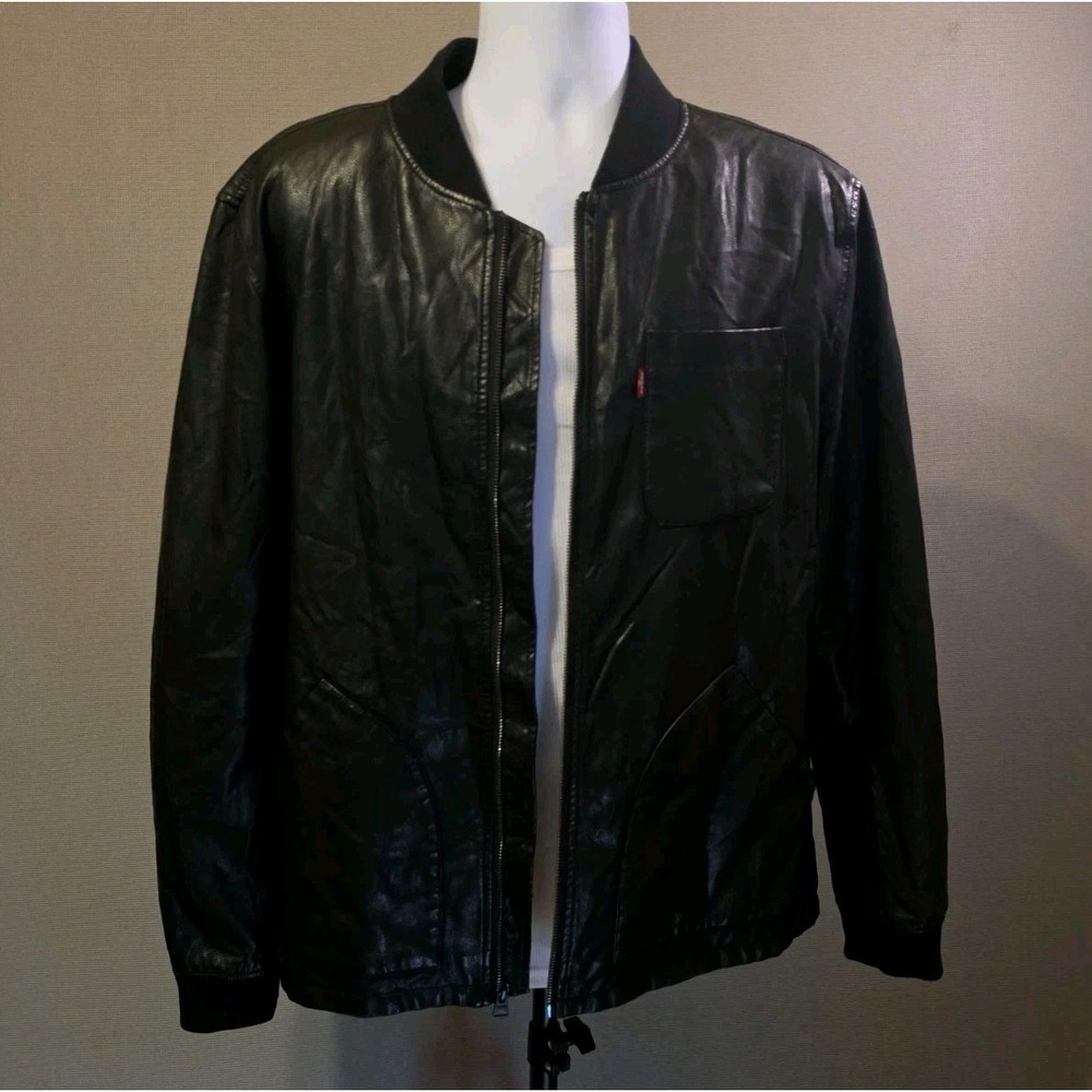 Levi's Strauss Mens PU Pebbled Leather Bomber Jacket Black Full Zip Ribbed Sz L